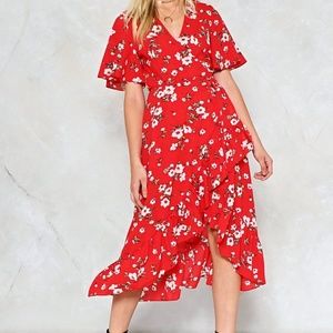 NASTY GAL Long Run Red Floral Dress